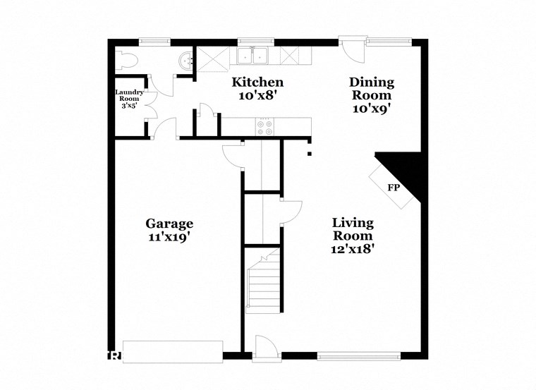 a floor plan of a home with a small kitchen and a living room