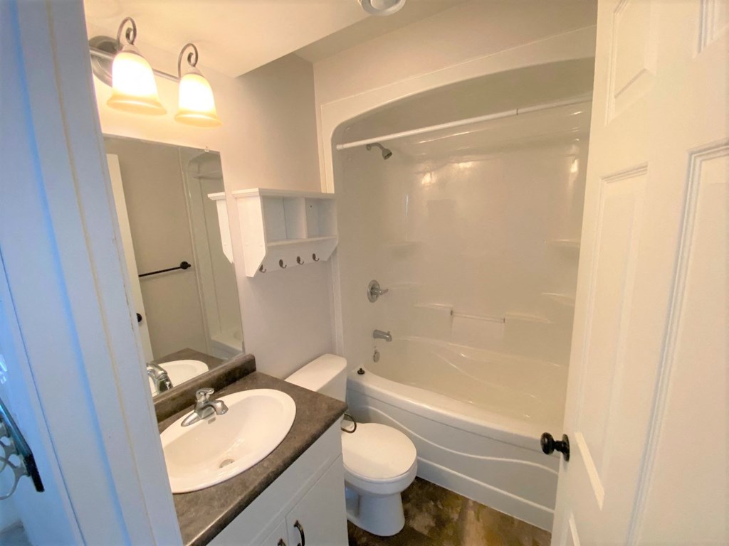 a bathroom with a shower and a sink and a toilet