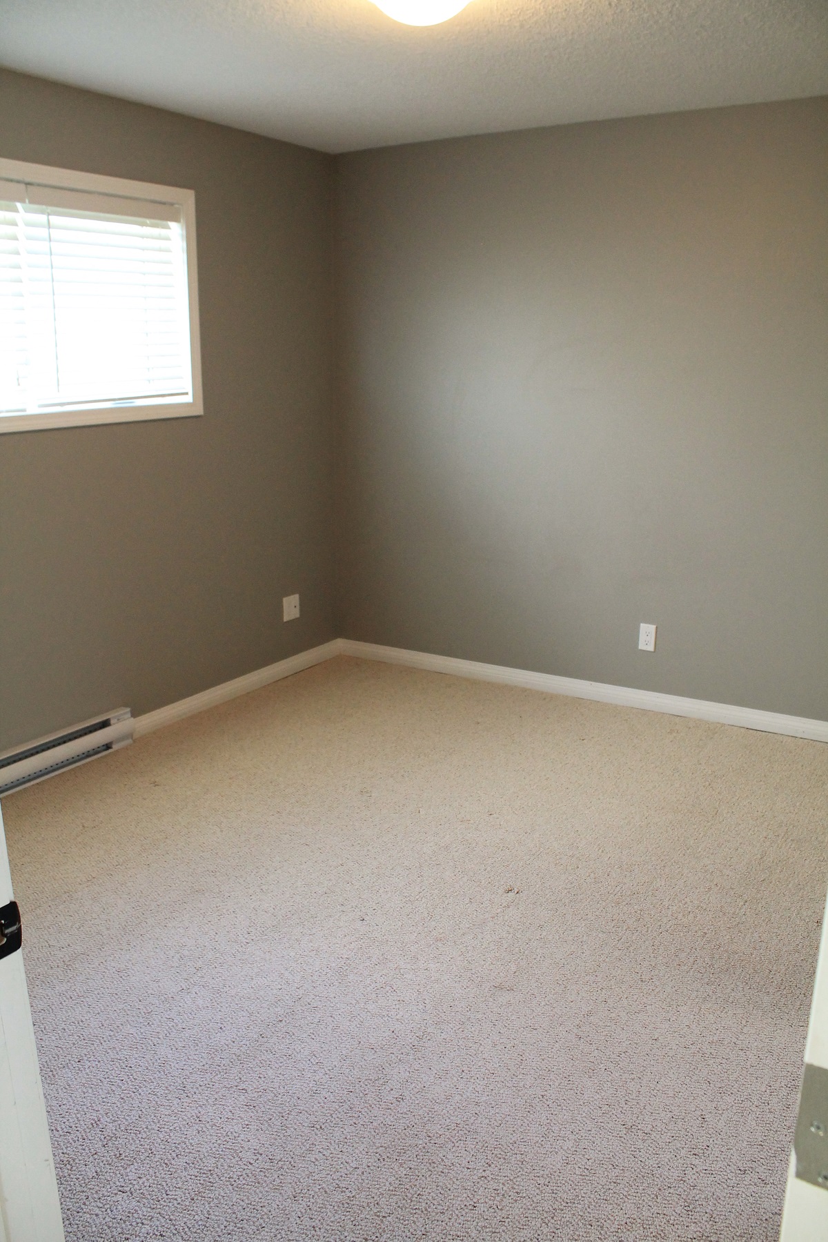 a room with a carpeted floor and a window