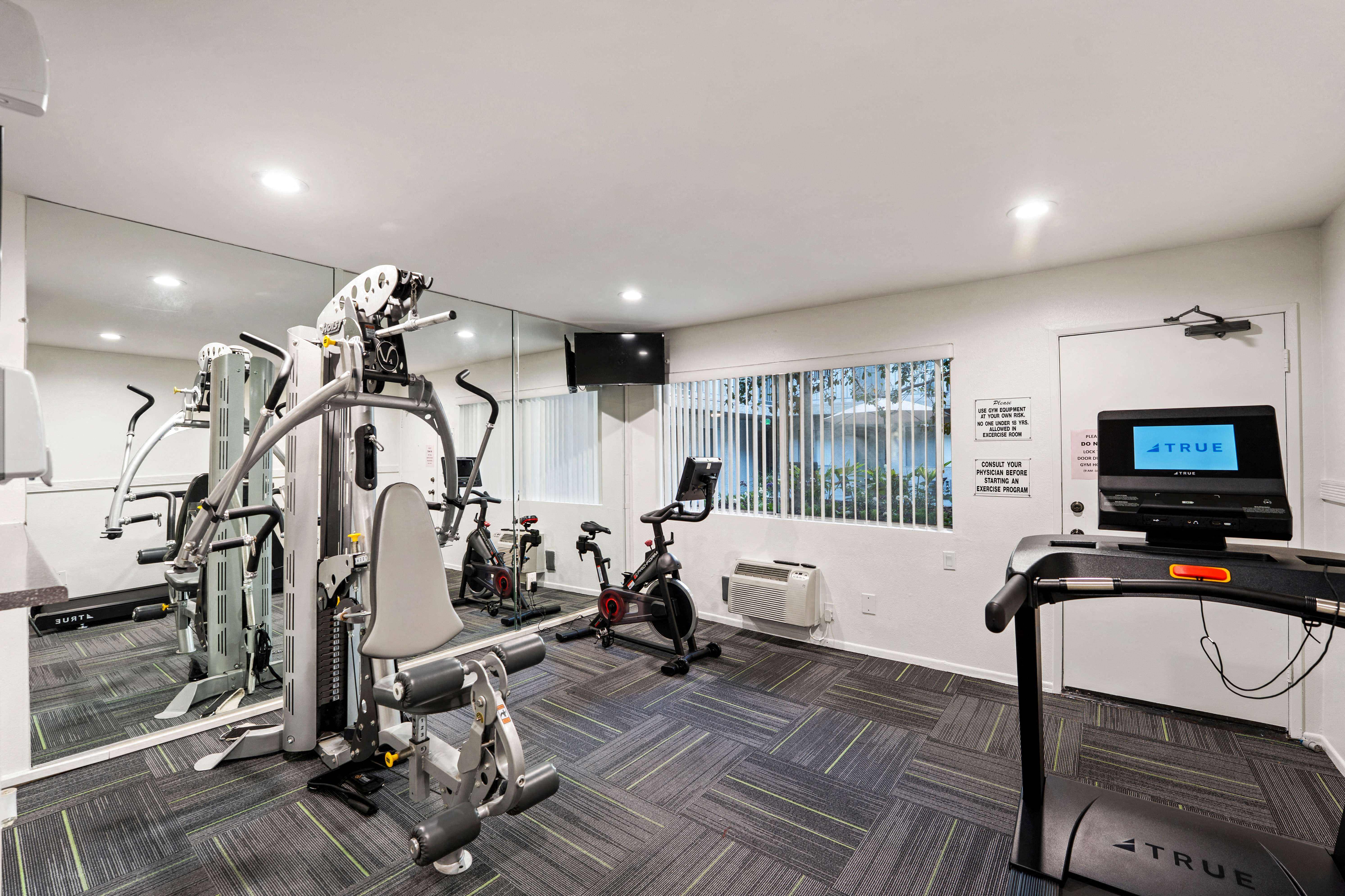 A well-equipped fitness center with cardio and strength training equipment, mirrored walls, a television, and large windows.