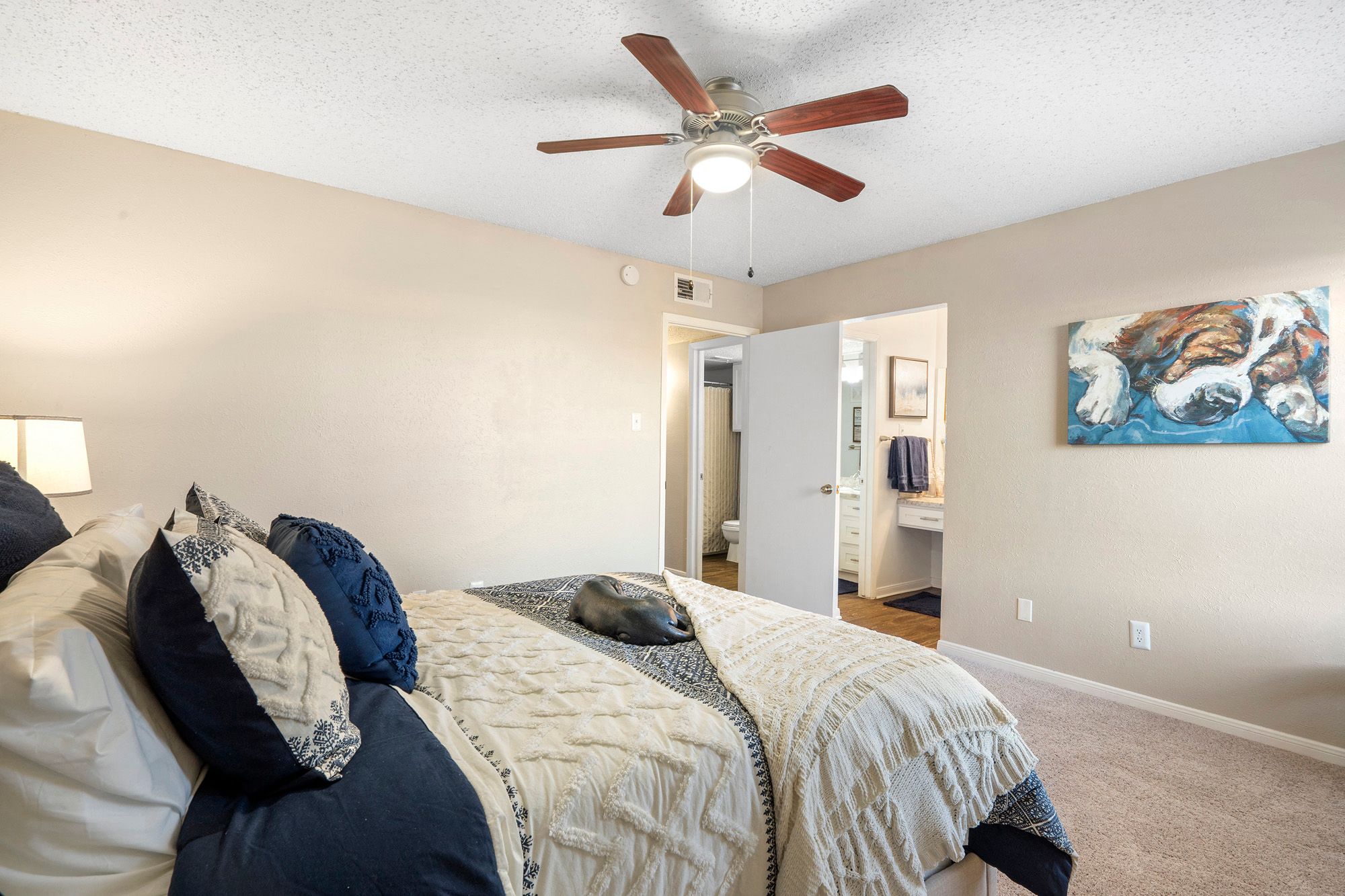 Bedroom, Bathroom, Bed, Ceiling Fan