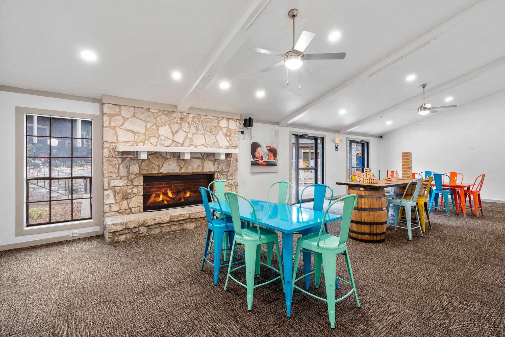 Clubhouse, Leasing, Landscaping, Office, Game, Fireplace, Table