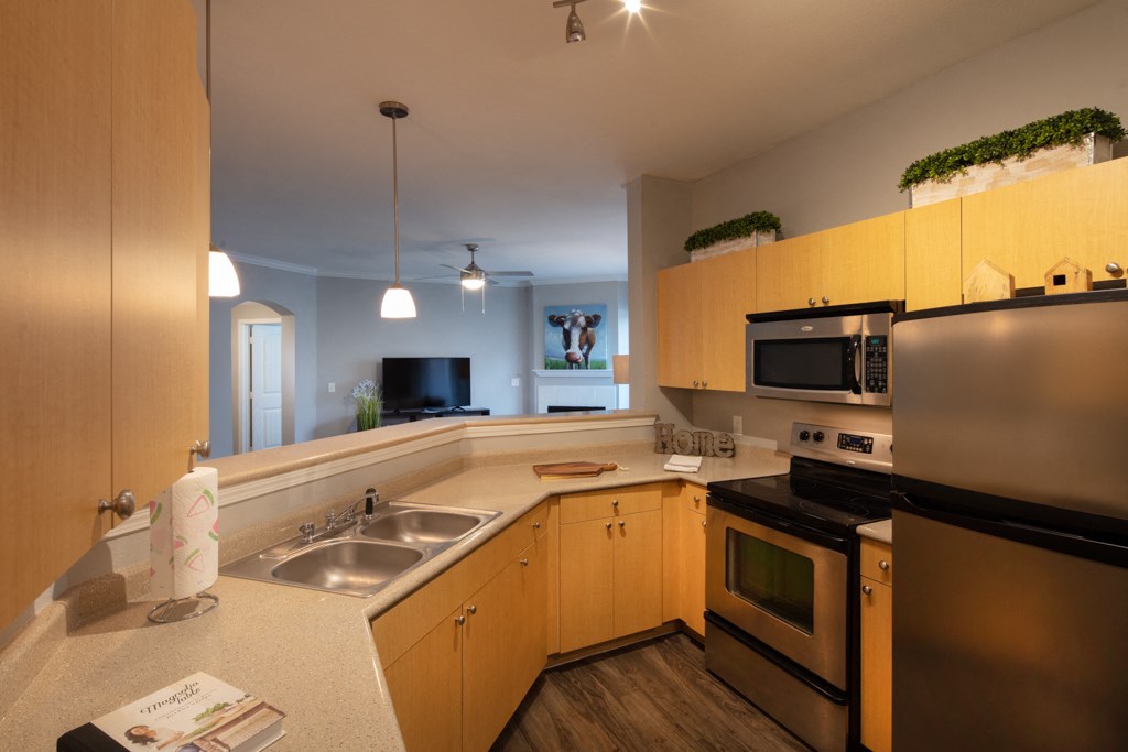 a kitchen with stainless steel appliances and wooden cabinets