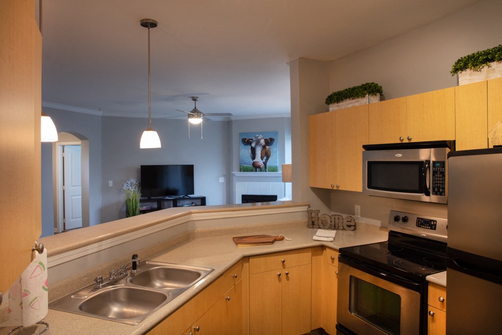 a kitchen with a sink and a stove and a microwave