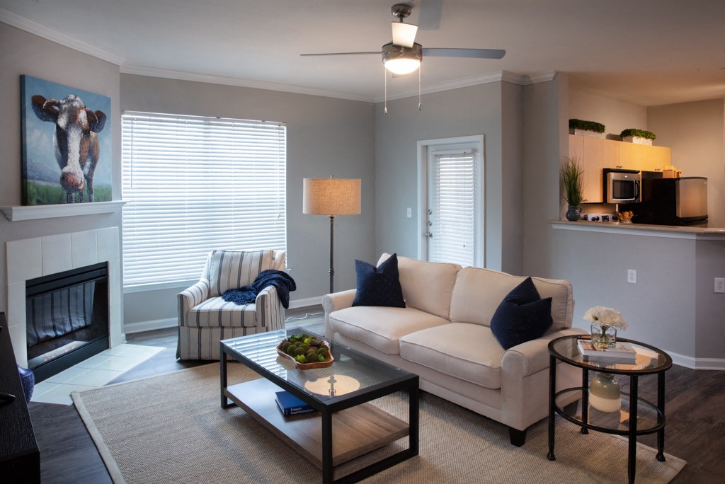 a living room with a couch and a chair and a fireplace
