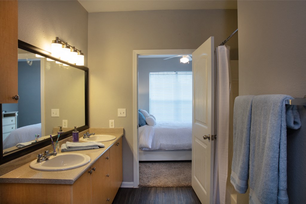 a bathroom with a sink and a mirror and a door to a bedroom