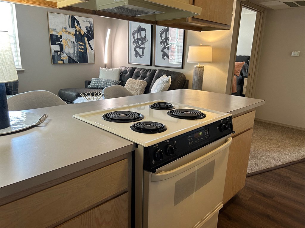 a kitchen with a stove and a counter top with a living room
