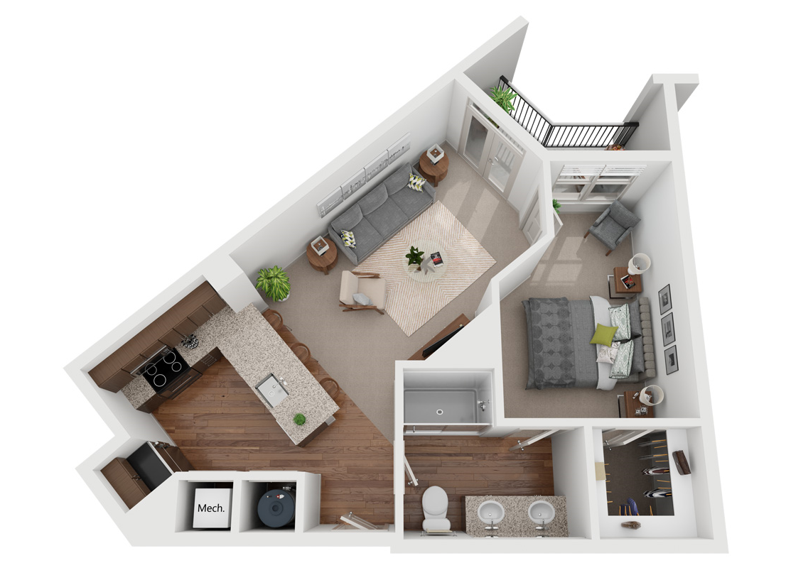 1 bed 1 bath floor plan at Canalside, Augusta, 30901