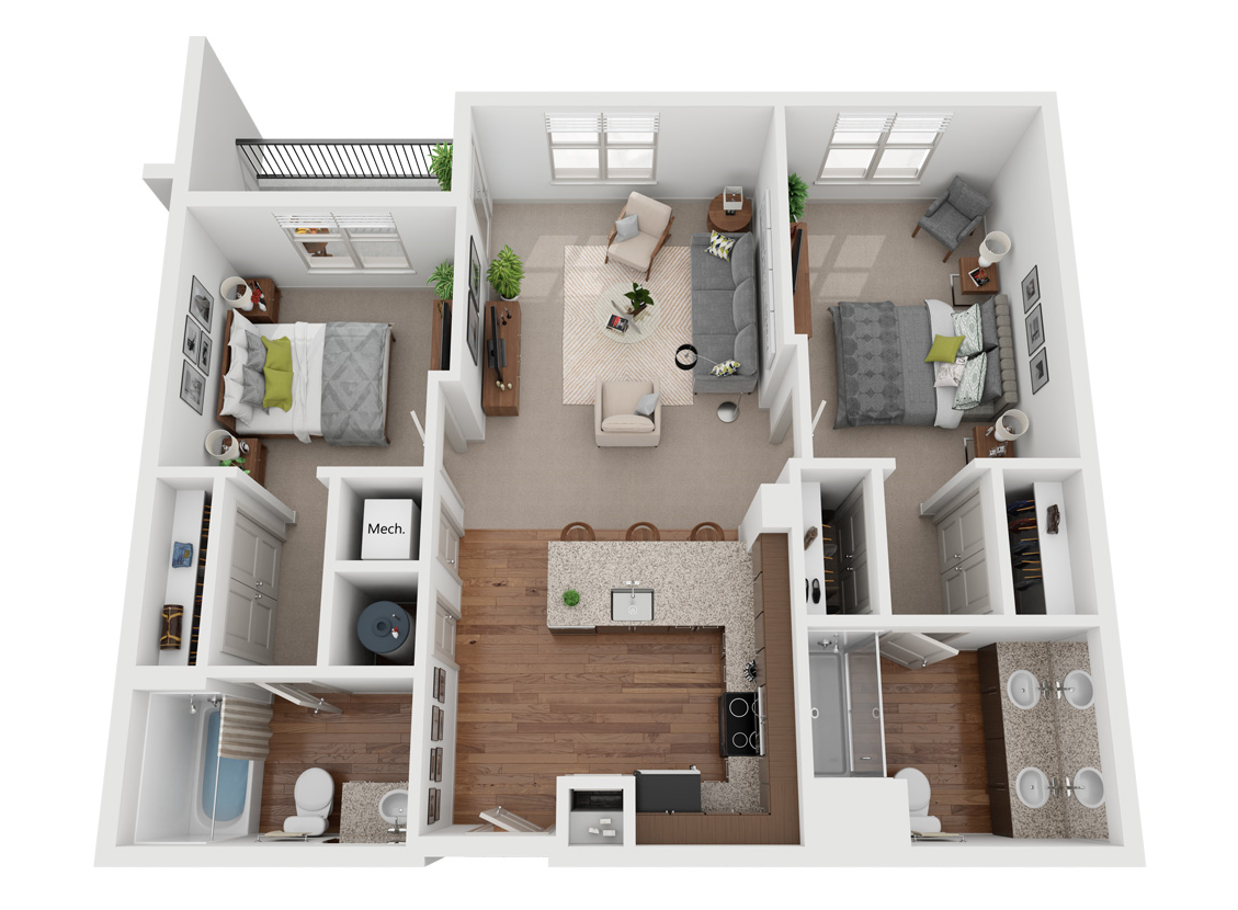 2 bed 2 bath floor plan A at Canalside, Augusta, GA