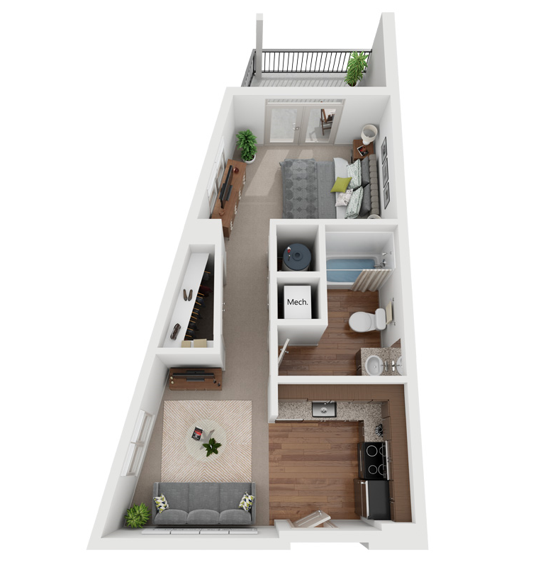 1 bed 1 bath floor plan Bat Canalside, Augusta