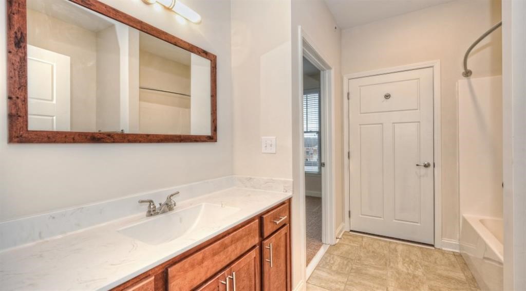a bathroom with a sink and a mirror and a closet