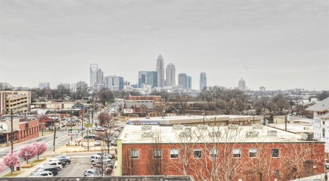 a view of the city skyline from the roof of a building