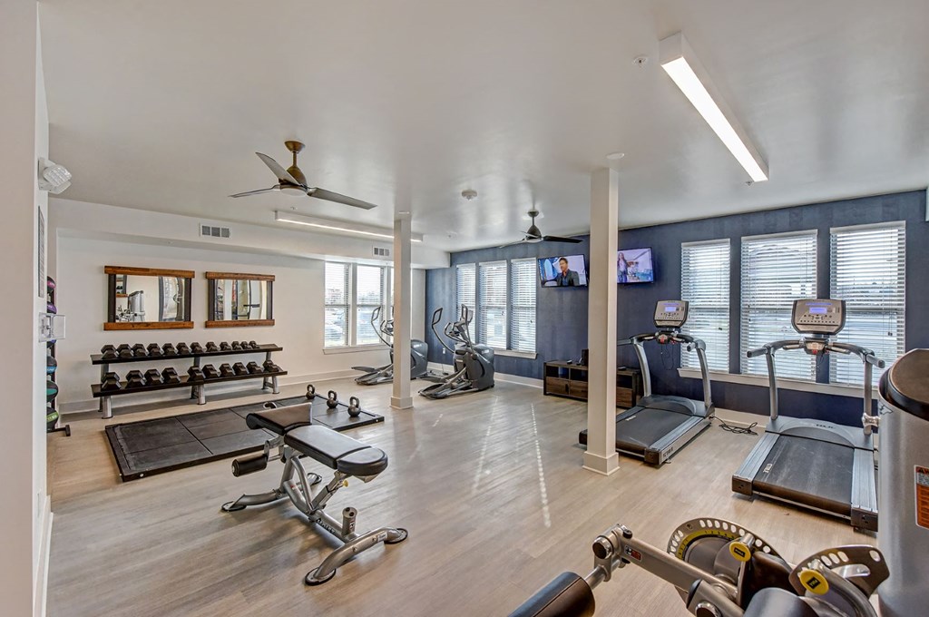 the gym has plenty of exercise equipment and windows
