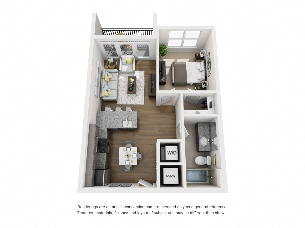 Floor Plan A One Bedroom / One Bath w/Balcony. The Anderson Apartments. Rock Hill, SC.