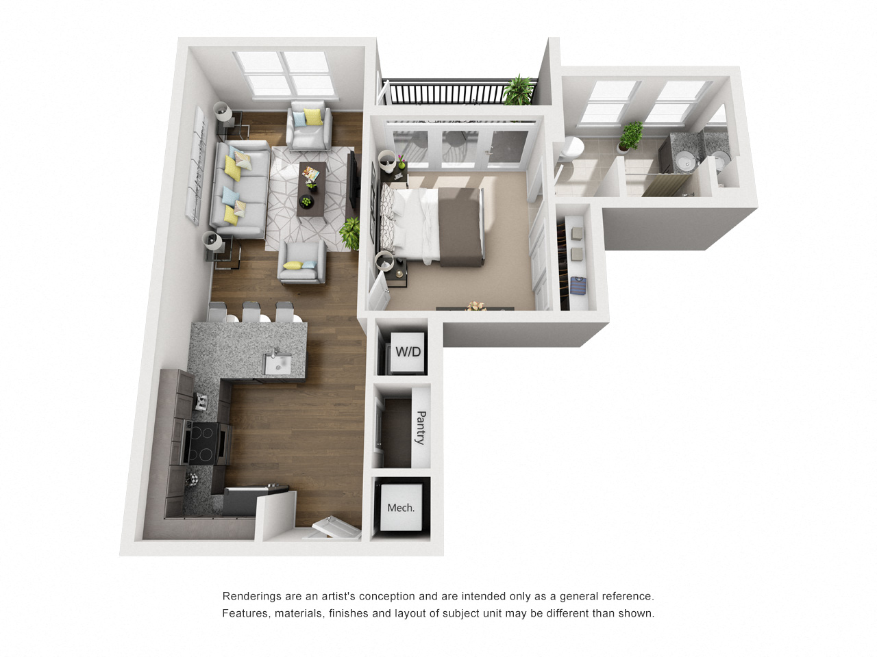 Floor Plan D One Bedroom / One Bath w/Balcony. The Anderson Apartments. Rock Hill, SC.