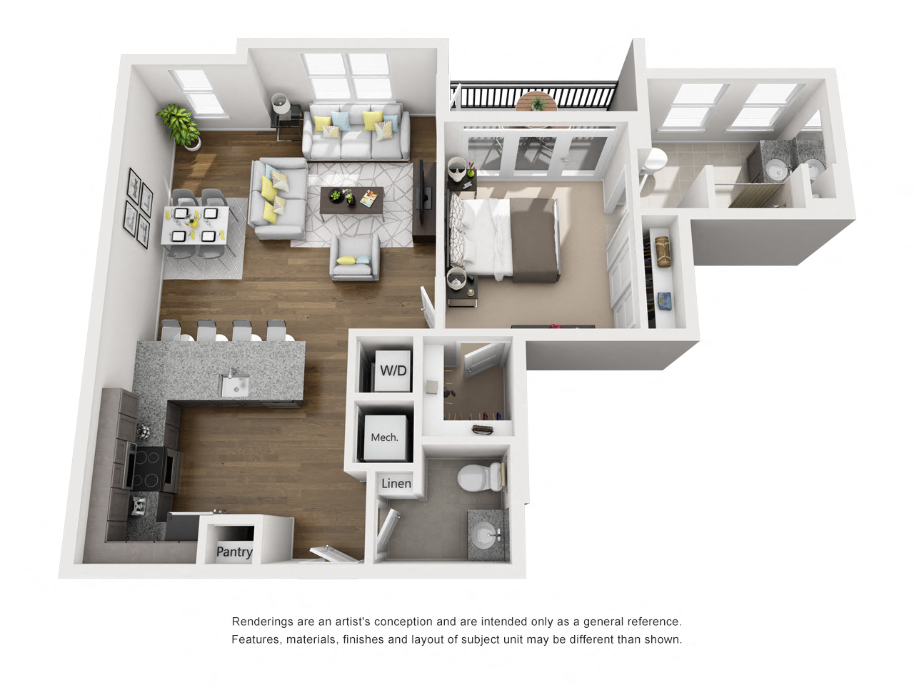 Floor Plan E One Bedroom / One and a Half Bath w/Balcony. The Anderson Apartments. Rock Hill, SC.