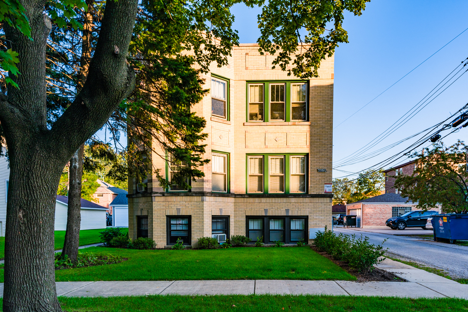 A tree is in front of a building.