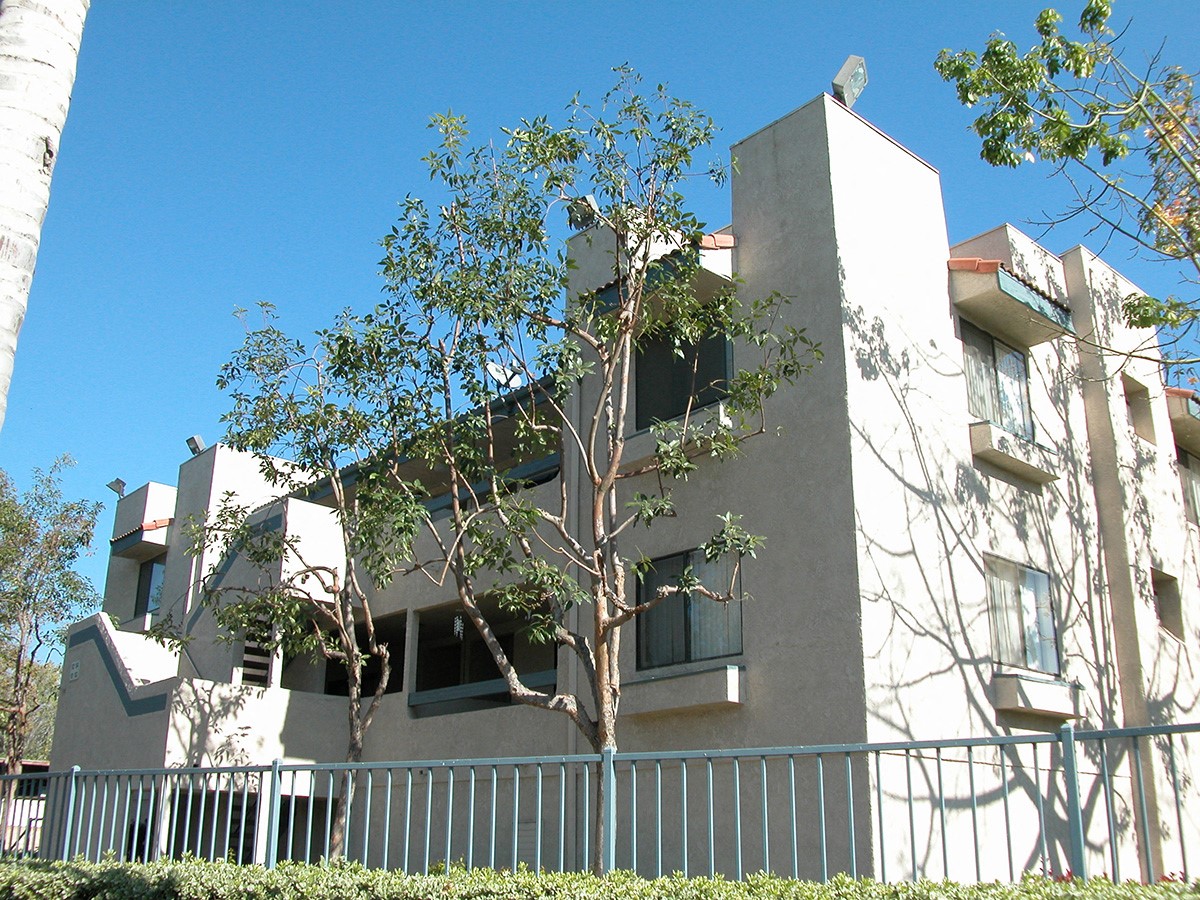 an apartment building with a tree in front of it