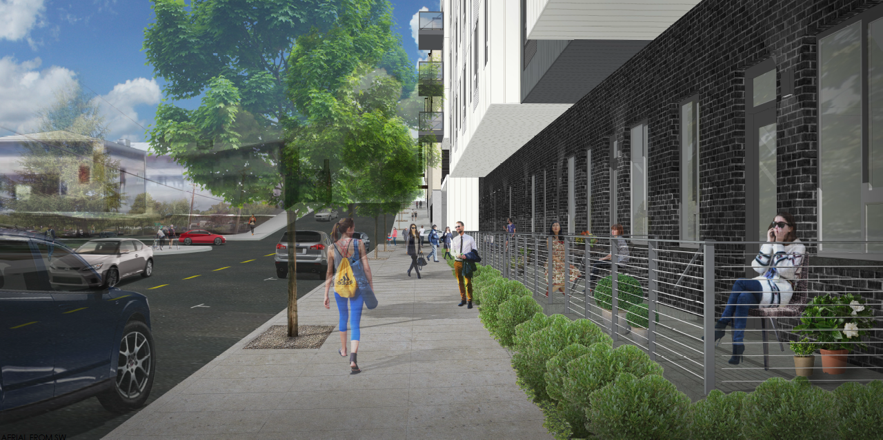 a rendering of people walking down a sidewalk next to a building