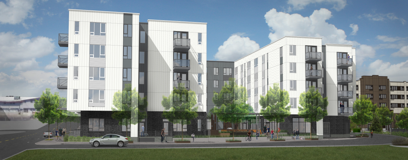 a rendering of an apartment building on a city street