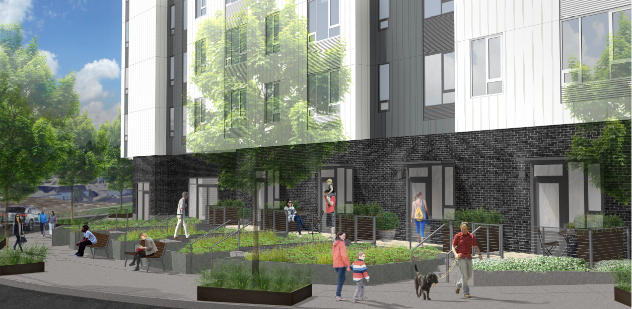 a rendering of a building with people walking their dogs