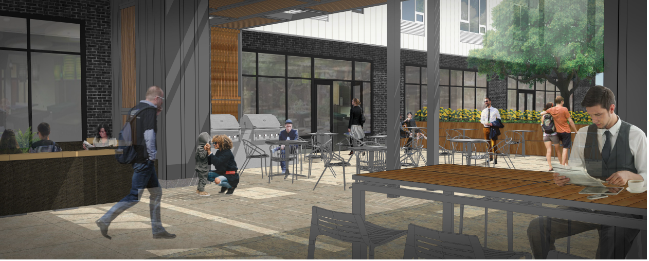 a rendering of a patio with people walking around and tables and chairs