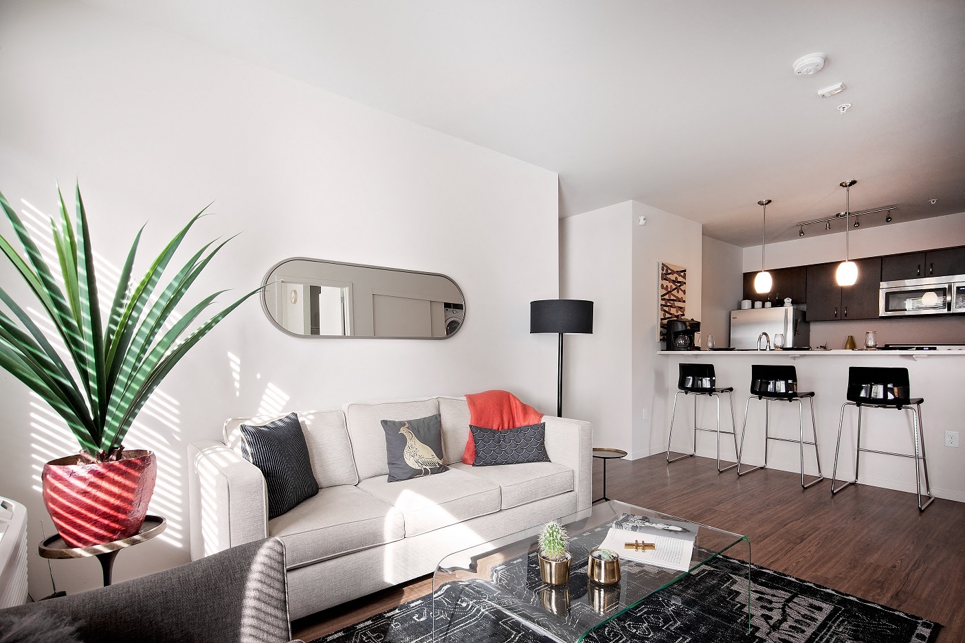 a living room with a couch and a table