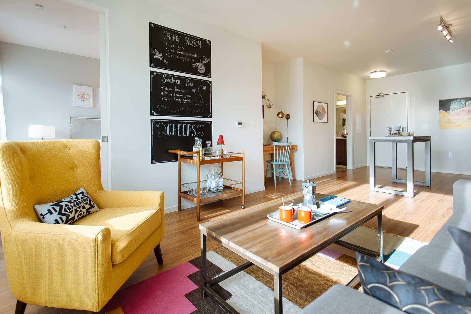 a living room with a couch and a coffee table
