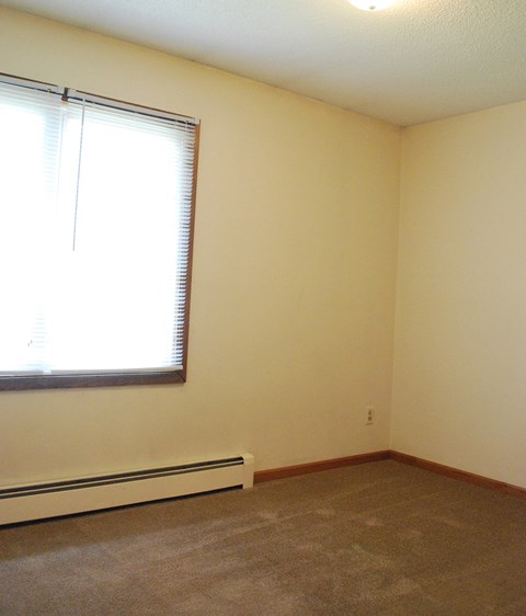 an empty room with a window and a carpet