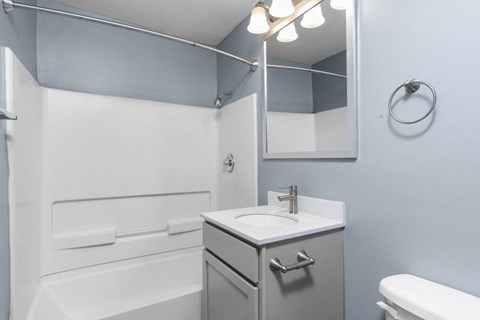 a bathroom with a sink and a tub and a mirror