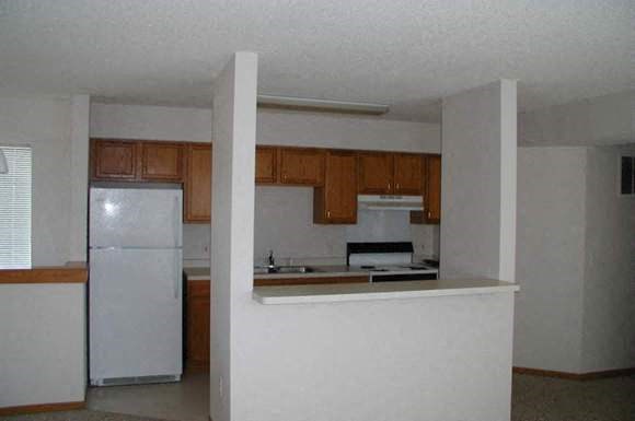 an empty kitchen with a refrigerator and a sink