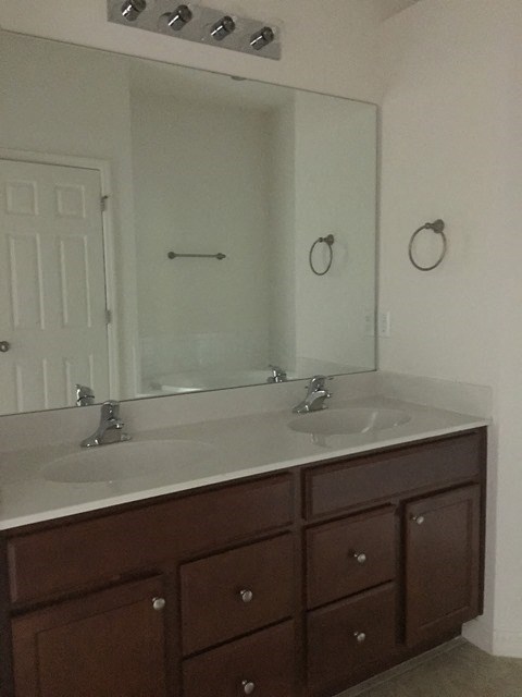 a bathroom with two sinks and a large mirror