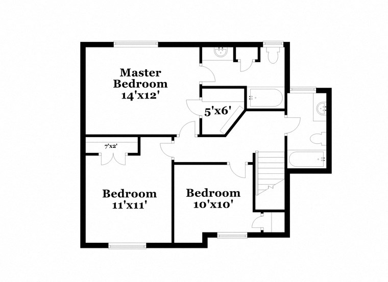 floor plan of the first floor of a house with bedrooms and baths