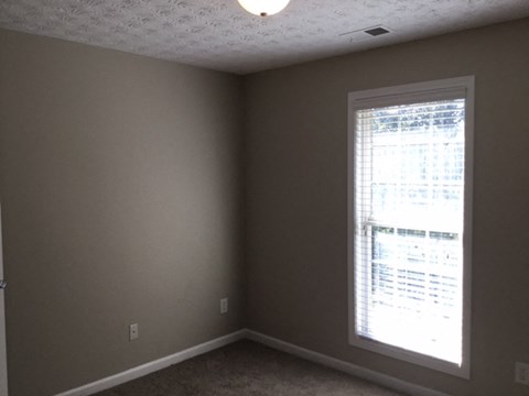 a living room with a window and a carpet