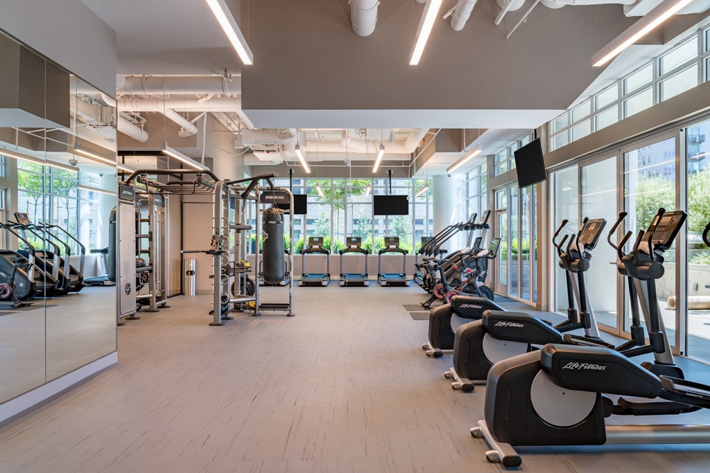 A gym with treadmills, elliptical machines, and other exercise equipment.