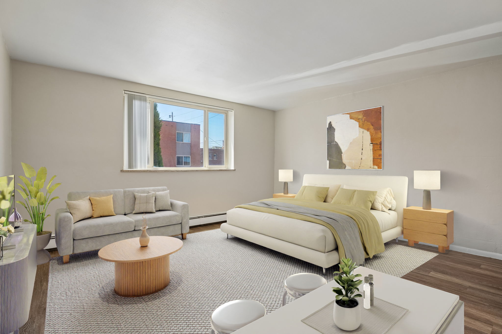 A modern bedroom with a large bed and a grey carpet.