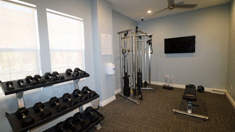 a gym with weights and a wall of windows