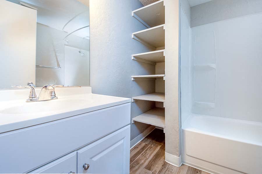 Bathroom sink and shelves near shower  l Forest Glenn Apartments