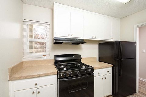 a kitchen with a black stove and a black refrigerator