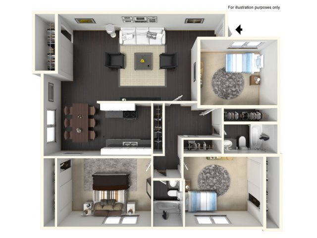 Tuscany Villas North | 3D Three Bedrooms Two Bathrooms Unit Floor Plan Tuscany Villas North California 3x2 Floor Plan