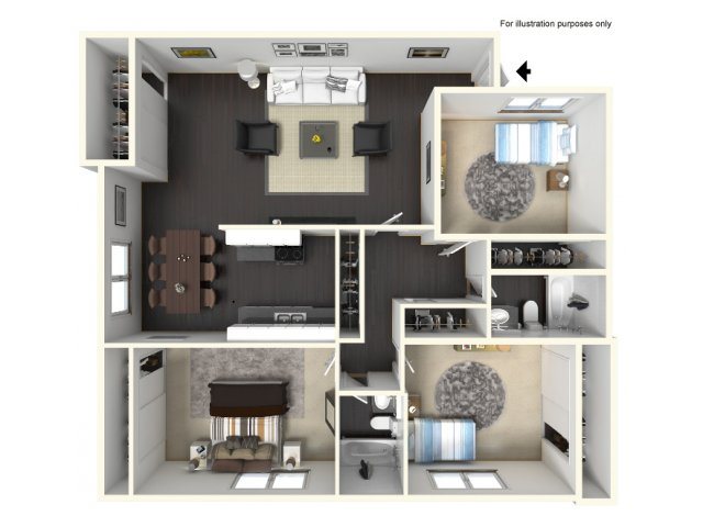 Tuscany Villas North | 3D Three Bedrooms Two Bathrooms Unit Floor Plan Tuscany Villas South California 3x2 Floor Plan