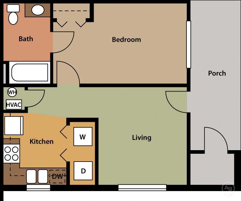 1BR-1BA Efficiency Floor Plan -Studio Apartment Floor Plan - Forest Trail Apartment Homes Northport, AL