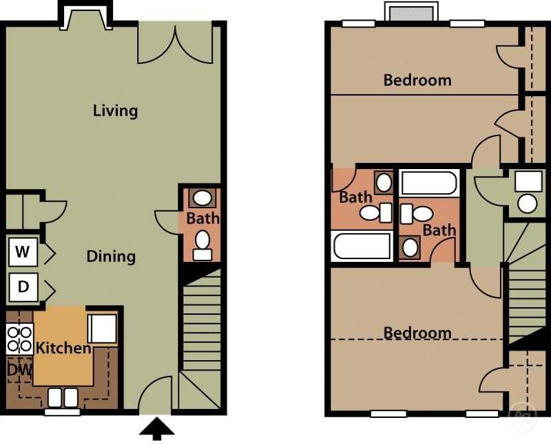Two Bedroom with Half Bathroom Floor Plan - Studio Apartment Floor Plan - Forest Trail Apartment Homes Northport, AL