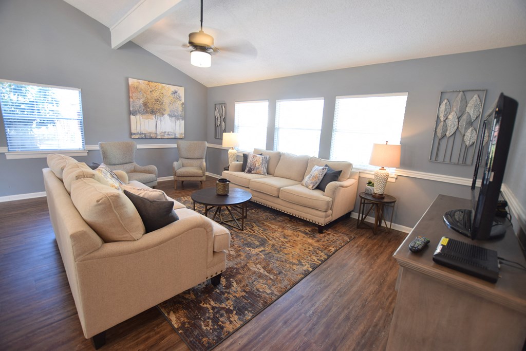 a living room with couches and chairs and a tv