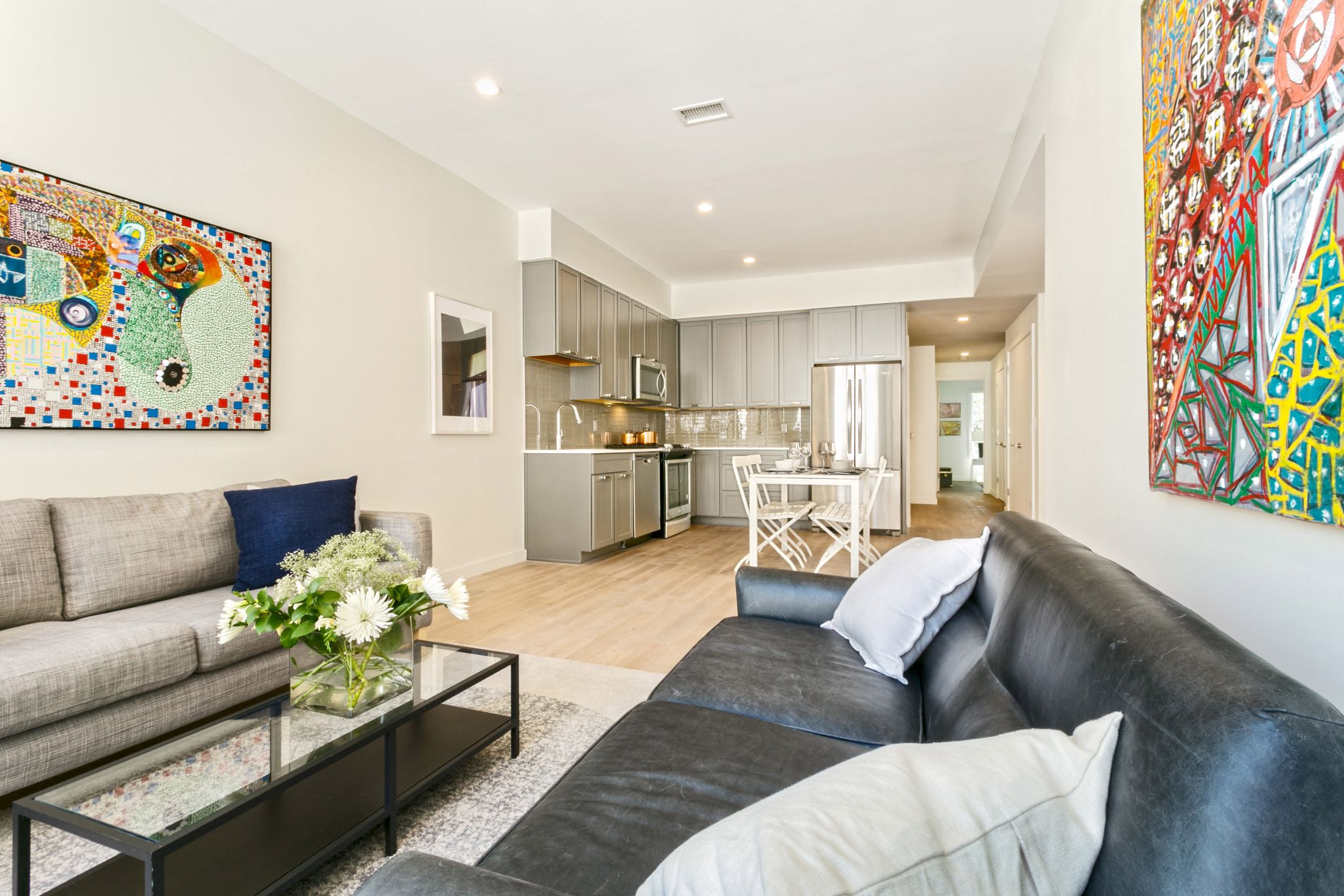 a living room with a couch and a table