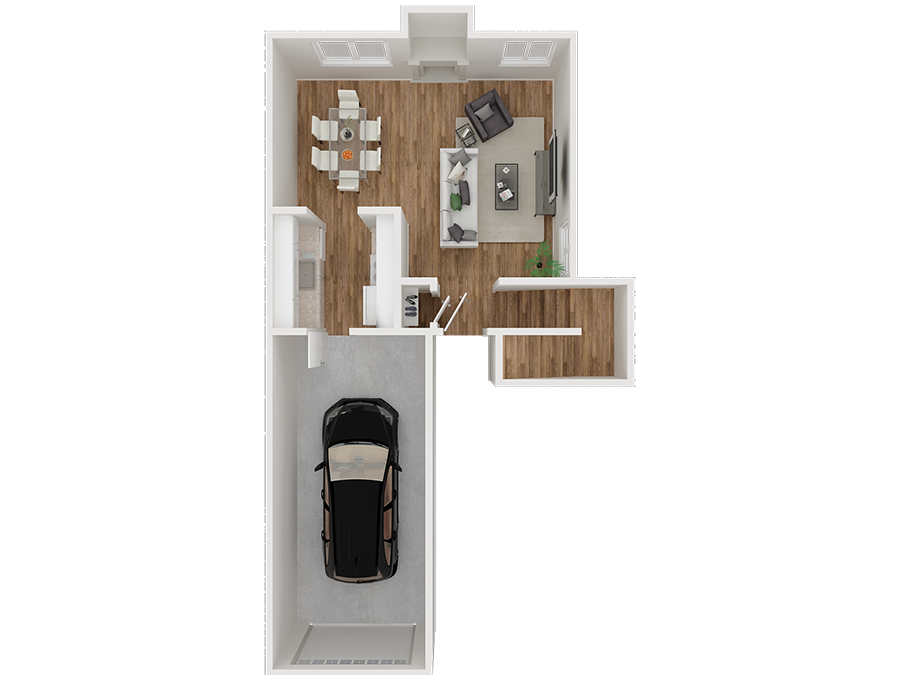 Bottom floor garage and living area