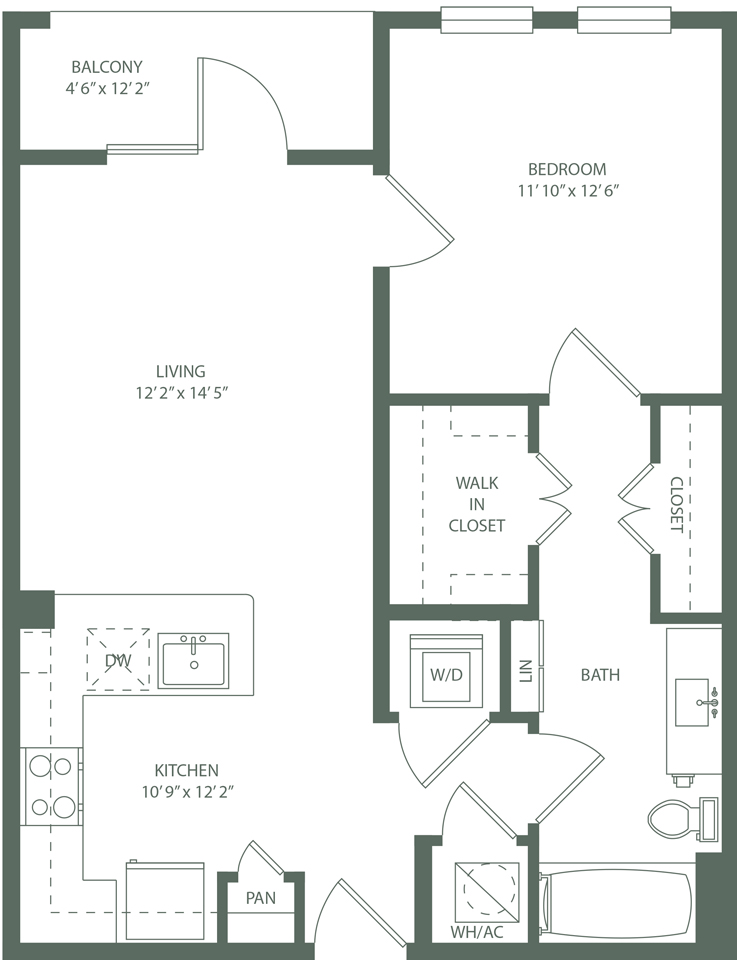 1 Bed 1 Bath A2/A2ST Floor Plan at The Baldwin at St. Paul Square, San Antonio, Texas