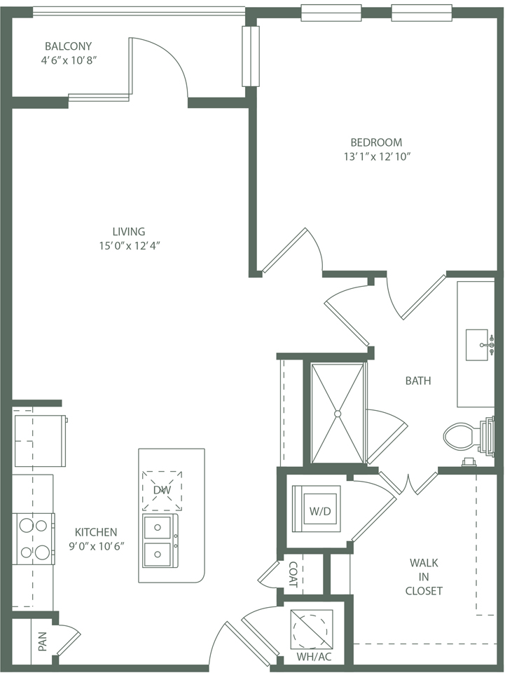 1 Bed 1 Bath A3p/A3CALTp/A3Cp Floor Plan at The Baldwin at St. Paul Square, San Antonio, 78205