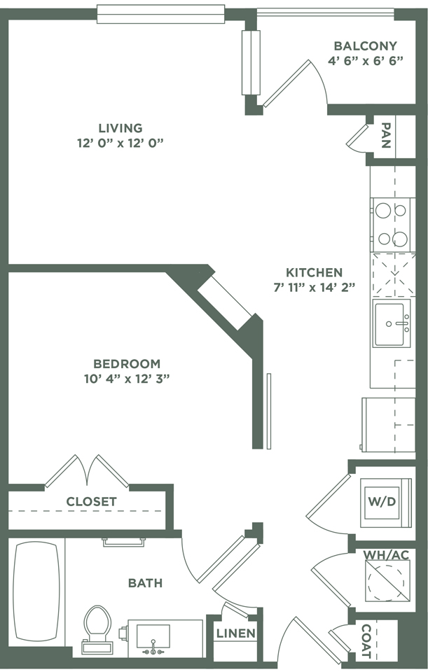 1 Bed 1 Bath E1ALTp/E1p/E1ALT2p/E1STp Floor Plan at The Baldwin at St. Paul Square, San Antonio, Texas