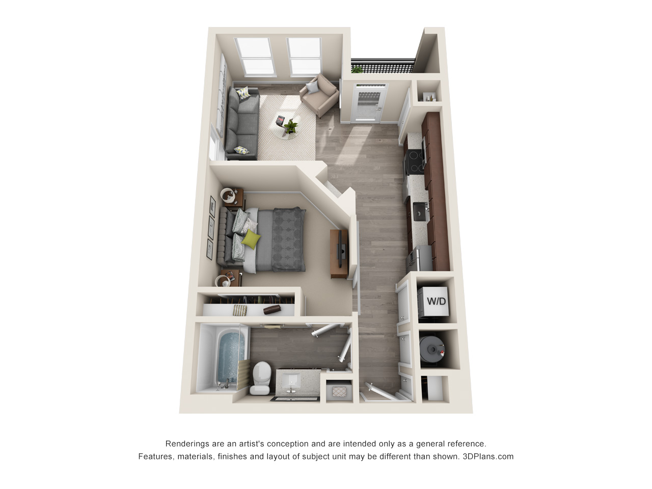 1 Bed 1 Bath E1Cp Floor Plan at The Baldwin at St. Paul Square, San Antonio, TX